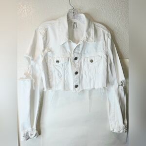 Zara Cropped Distressed White Denim Jacket
